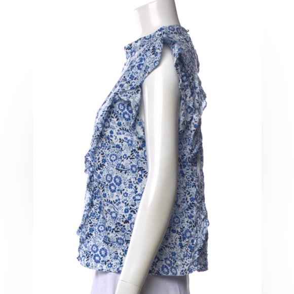 Veronica Beard White and Blue Floral print Mock neck Ruffle Blouse - Picture 7 of 12